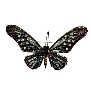 Vintage 70s Rhinestone Butterfly Brooch Black Clear Faux Marcasite Silver Tone